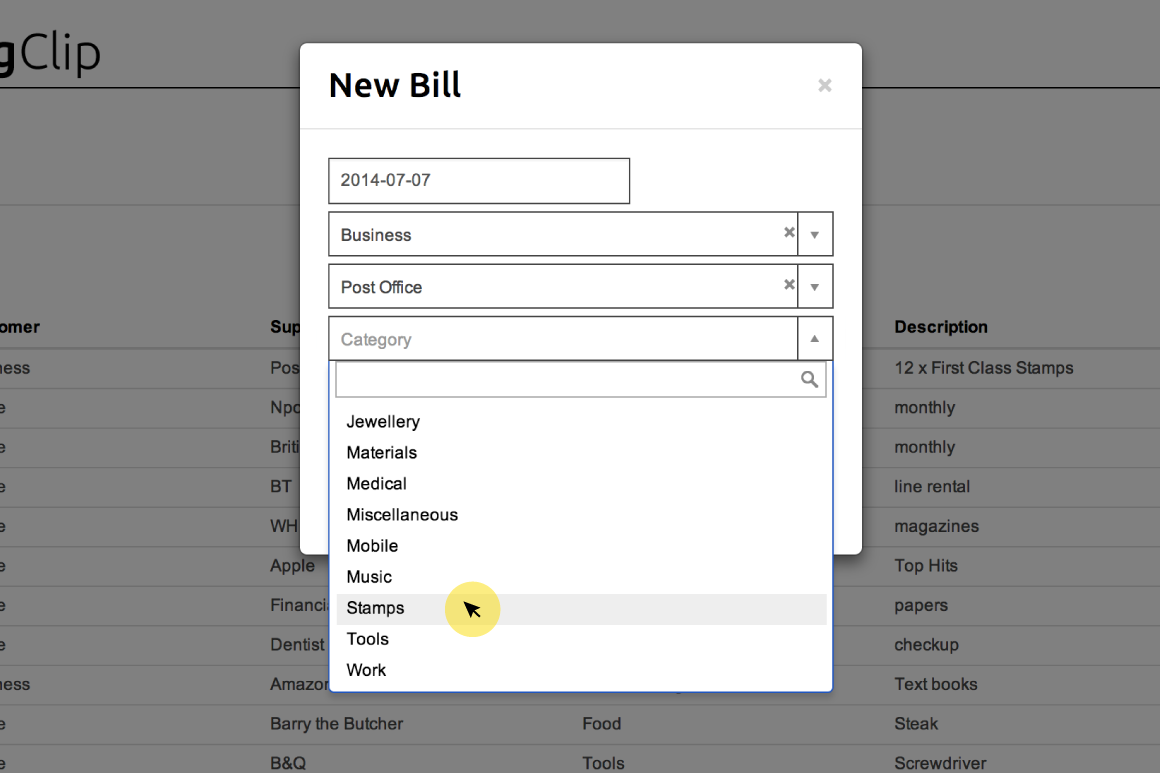 Selecting a category from dropdown menu in New Bill form