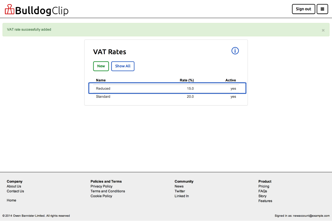 VAT rate list with success message