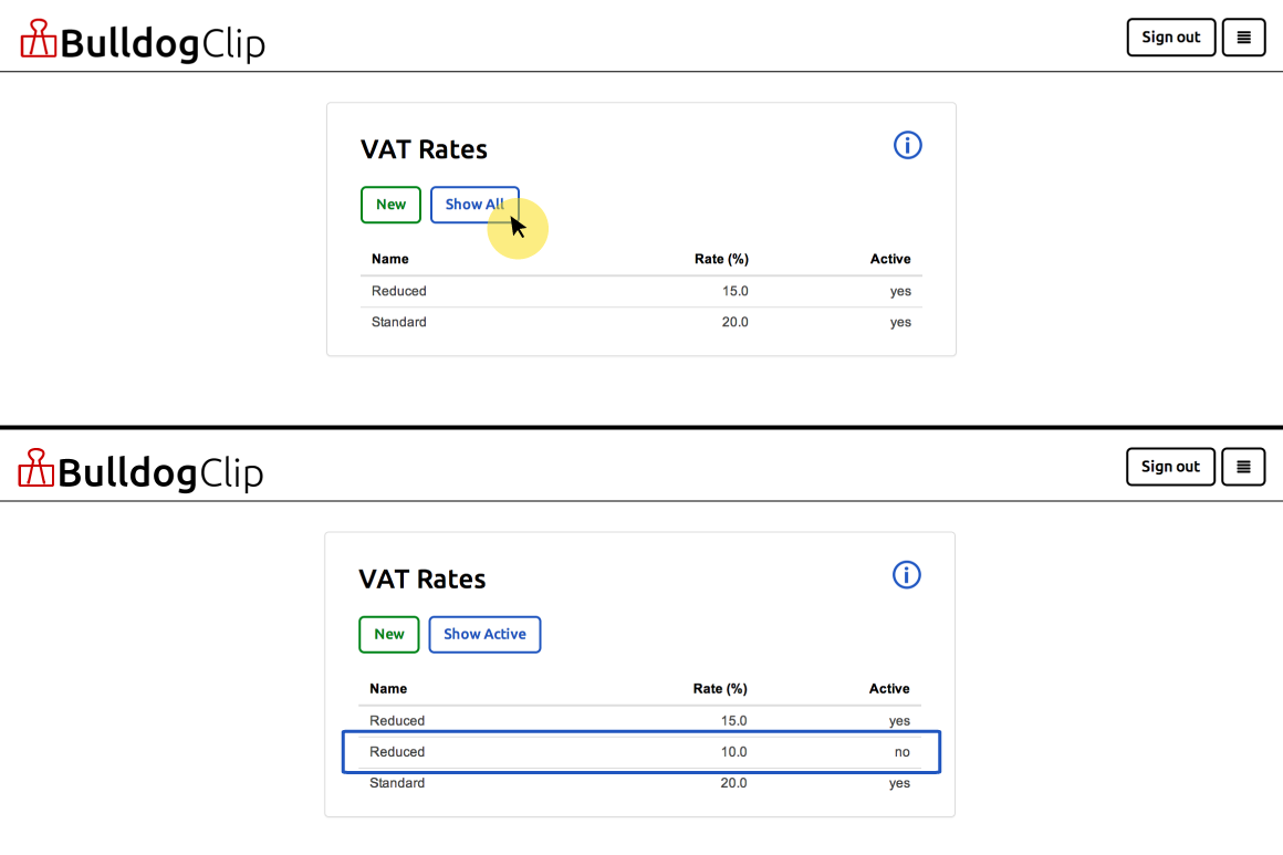 Show active button on VAT Rate list