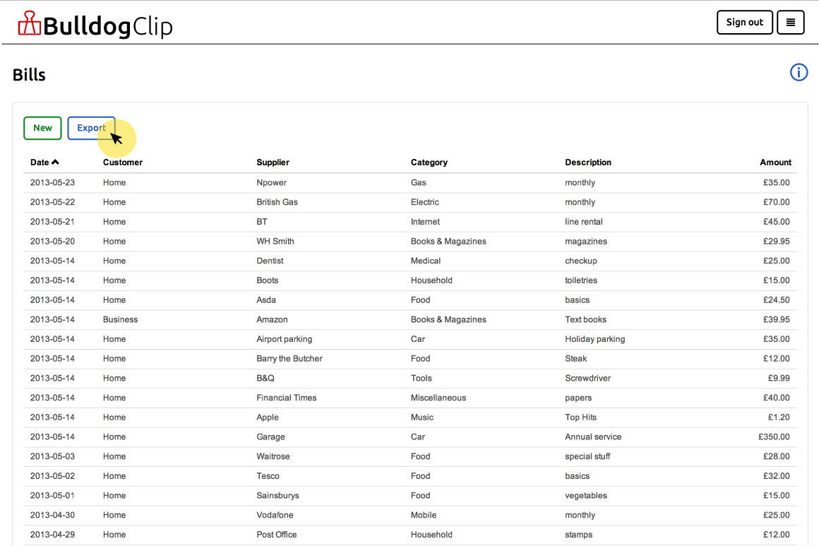 Select Export on the Bills page