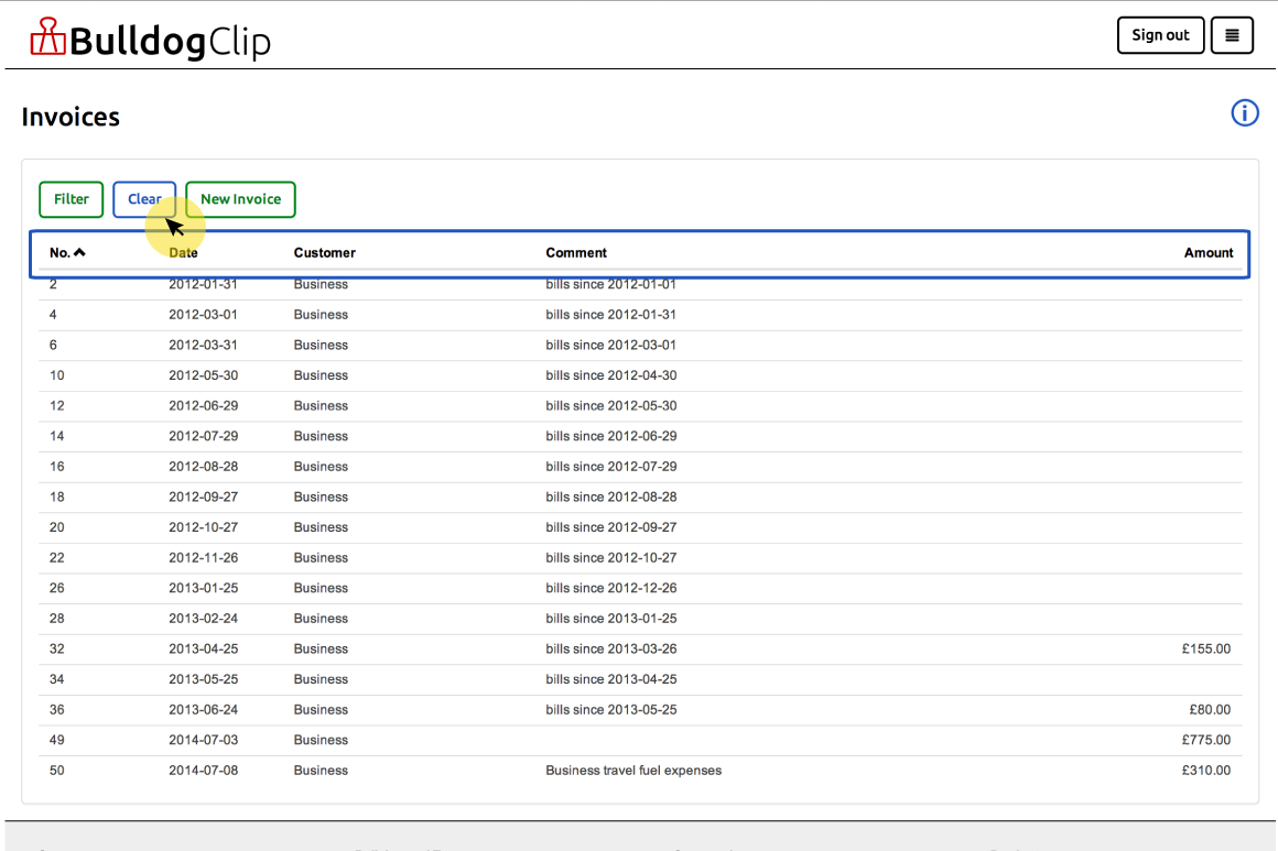 Filtered document list showing Clear button and column headings