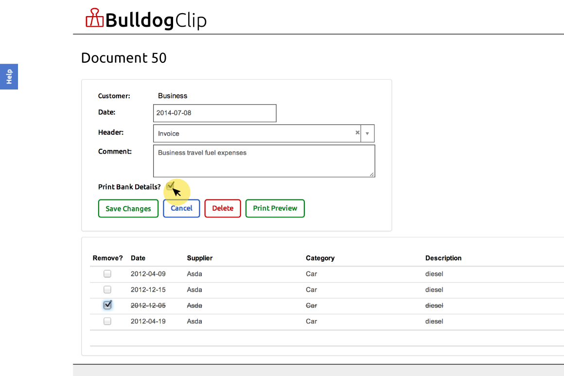 Include bank details checkbox on document edit screen