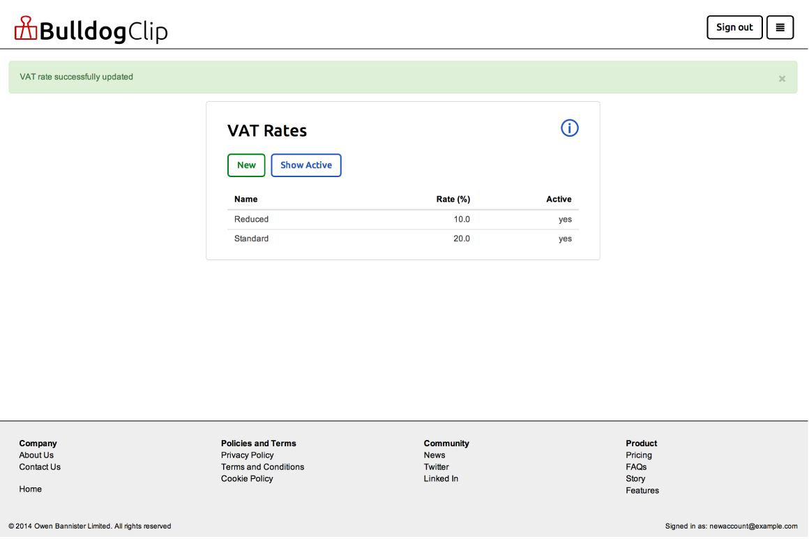 VAT rate change success message