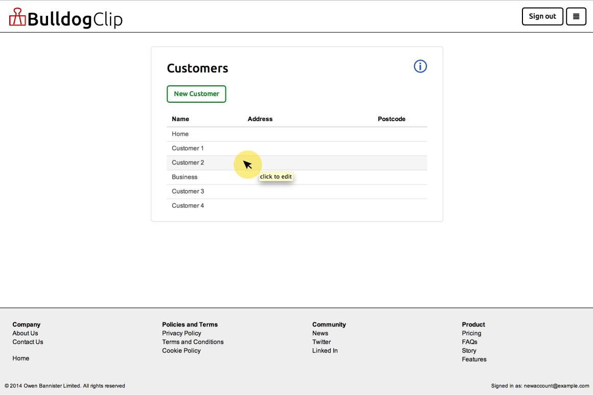 Selecting a customer from the customer list