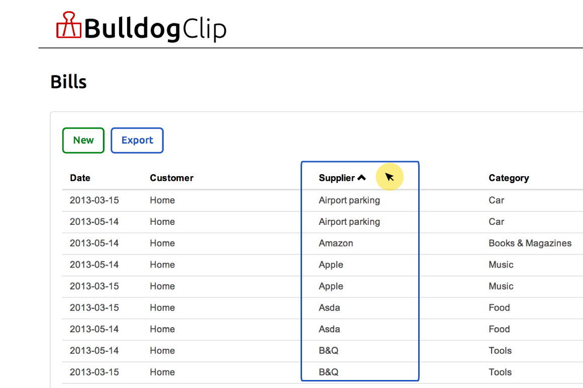 Sort bills by column title