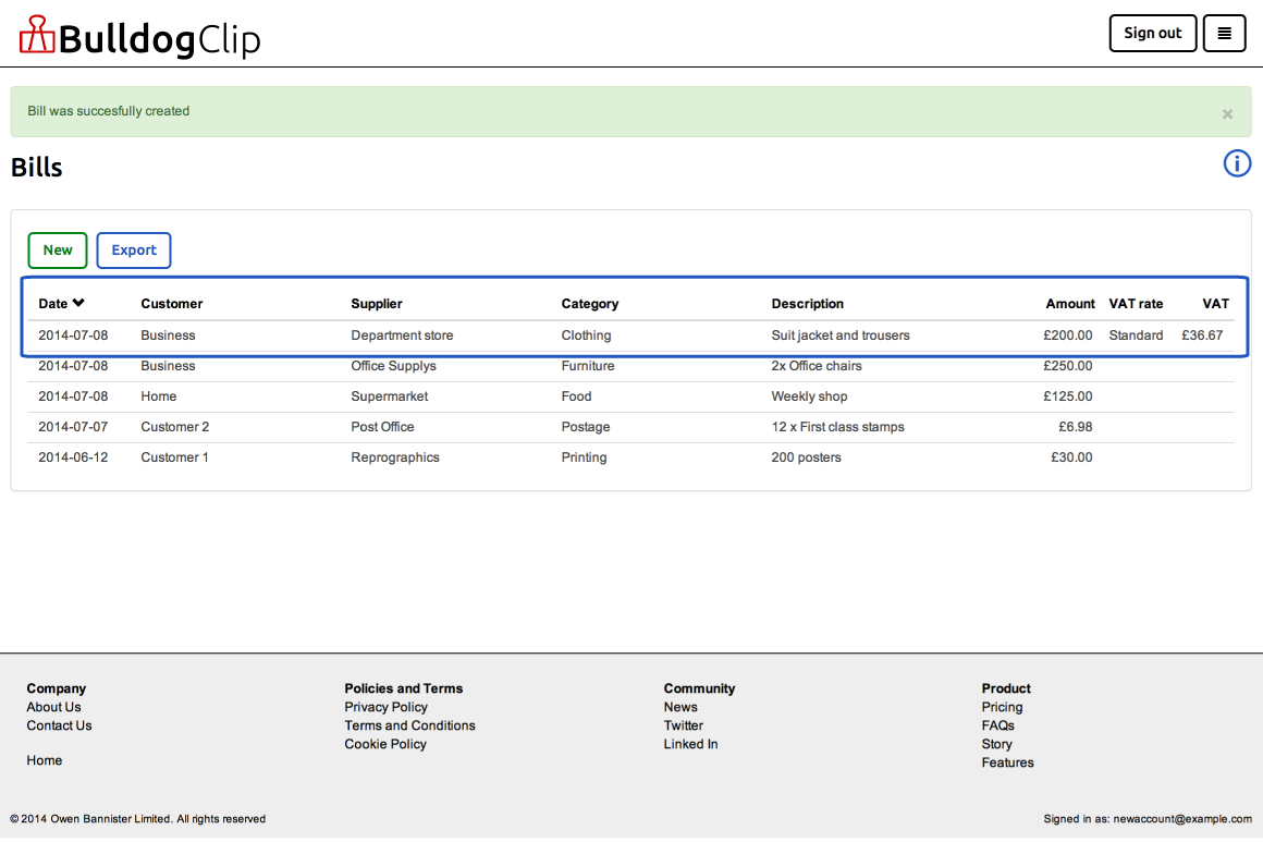 Bills list with VAT columns