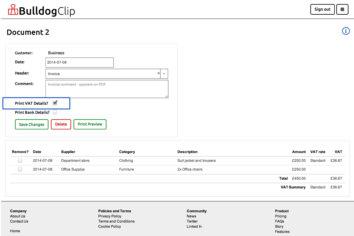 Include VAT checkbox on document edit screen